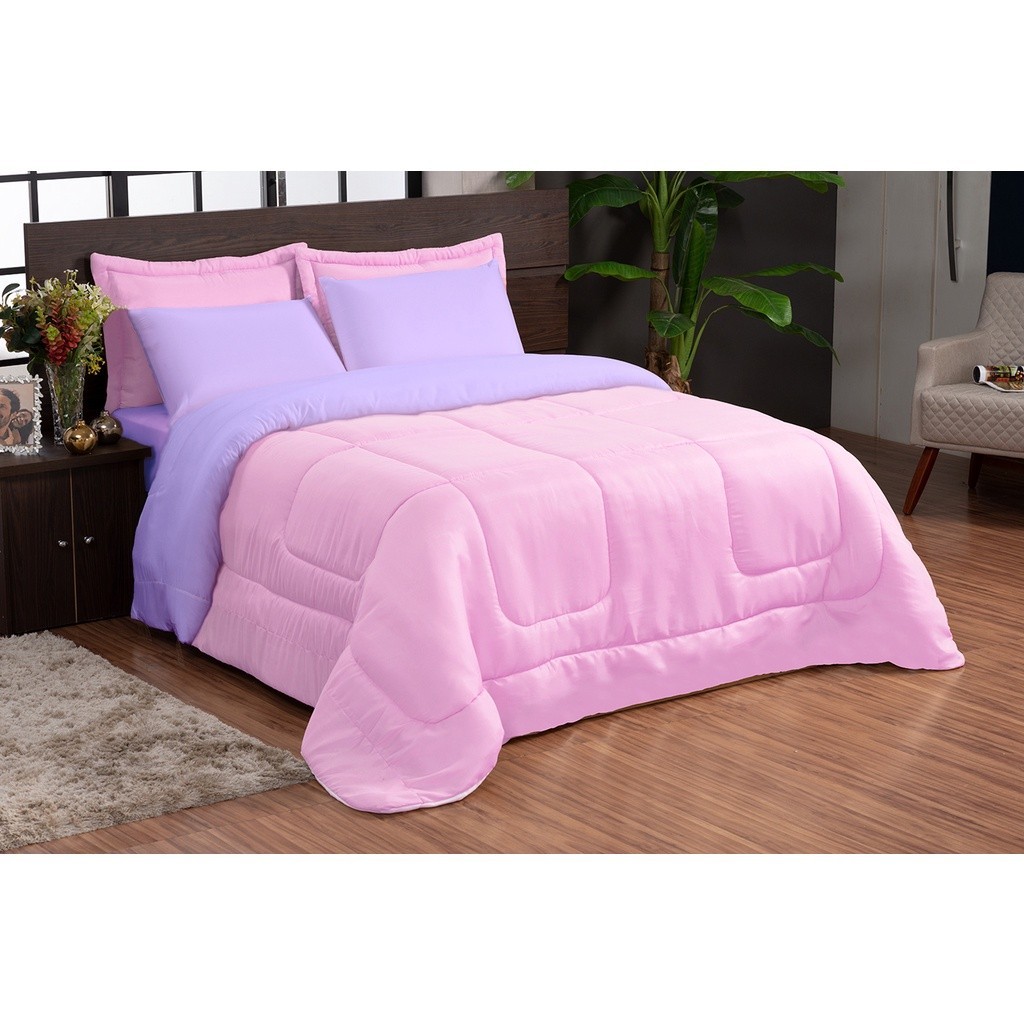 Kit Casal Queen Dupla Face 5 Peças Rosa e Lilás
