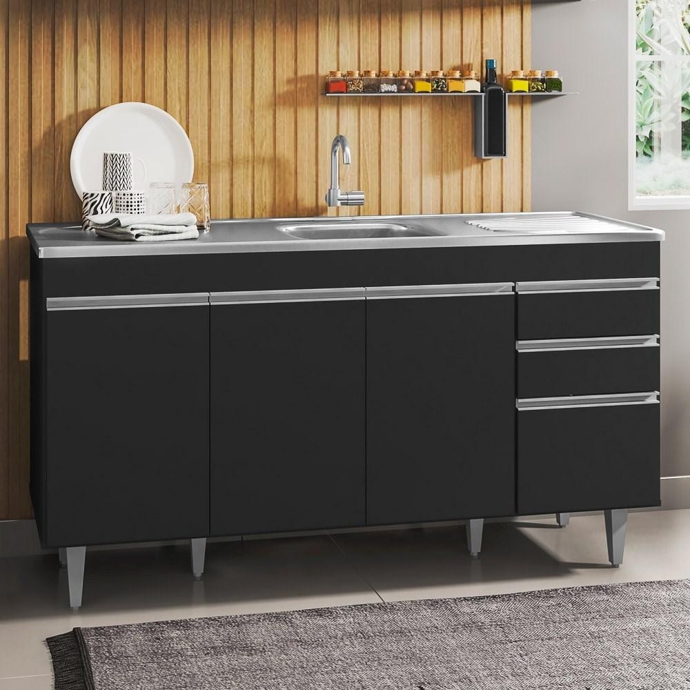 Balcão Gabinete com Pia Inox 150cm 4 Portas 2 Gavetas Marrocos Preto - Lumil - Home & Living