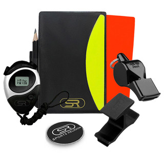 Cartão Arbitro Fluorescente + Porta Cartão c/ Lápis + Moeda SR + Cronometro + Apito Fox 40 Pearl c/ Dedal universal