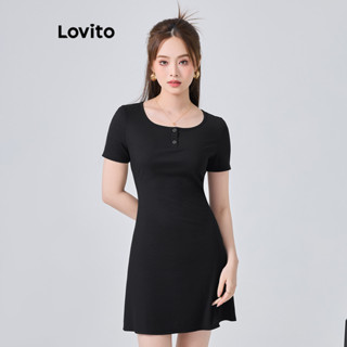 Lovito Casual Vestido com Botões e Malha de Costela para Mulheres L74ED323