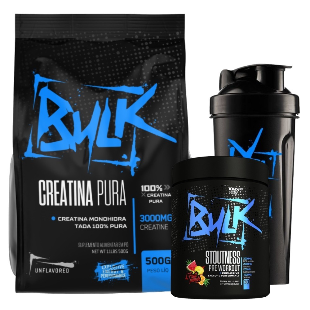 Kit Creatina Pura 100% Monohidratada 500g + Pré Treino Stoutness 300g + Shaker - Bulk Suplementos