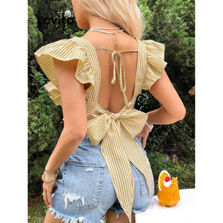 Lovito Casual Blusa Feminina Xadrez com Babados e Laço Traseiro LBL08298