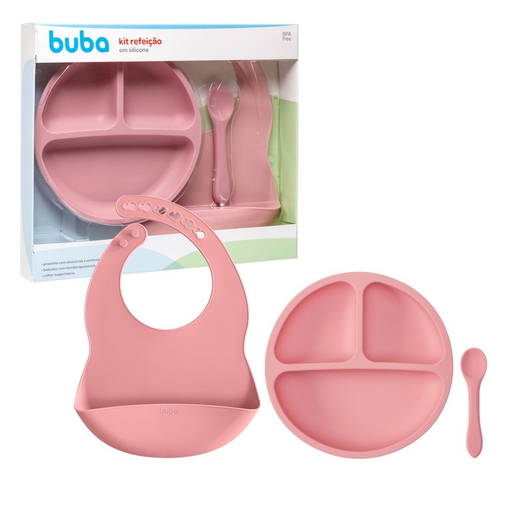 Kit Refeição Em Silicone Rosa 19569 - Buba - Mom & Baby