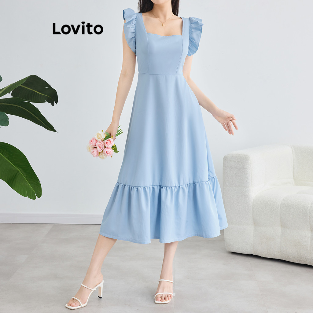 Lovito Vestido elegante liso com babados e cadarço para mulheres L118ED426 - Women Clothes