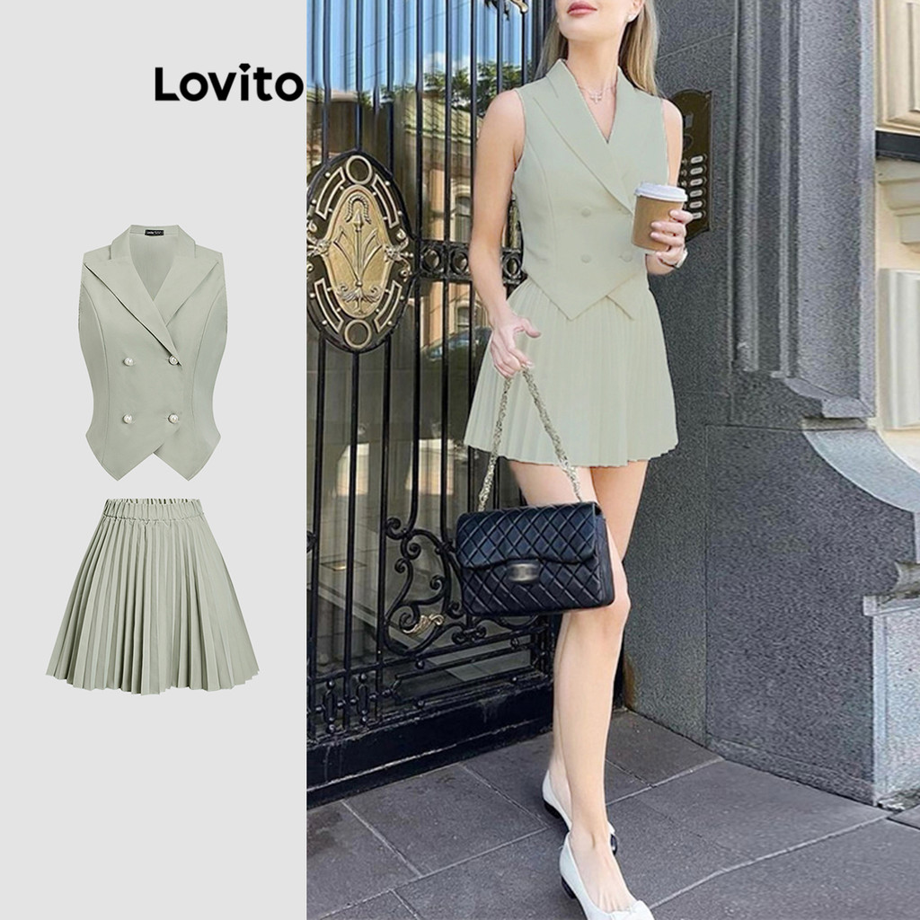 Lovito Tops ou calças femininas elegantes com botões lisos e plissados L118ED234 - Women Clothes