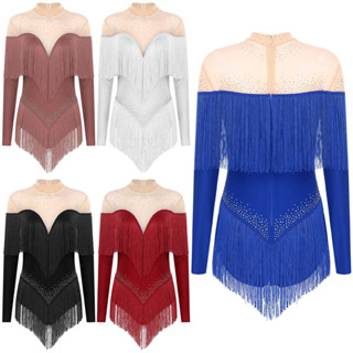 Aislor Feminino Borla Dança Latina Collant Palco Desempenho Traje Simulado Pescoço Manga Longa Pura Malha Retalhos Brilh em Oferta na Shopee