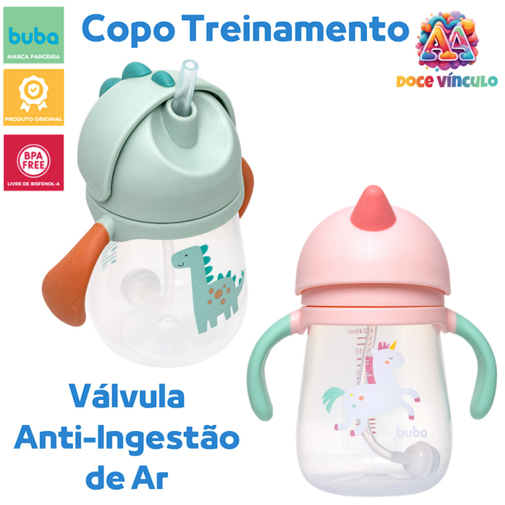 Copo Com Canudo Alça e Válvula Anti-Cólica Infantil Bebê Magic Dino Canudo de Silicone Buba