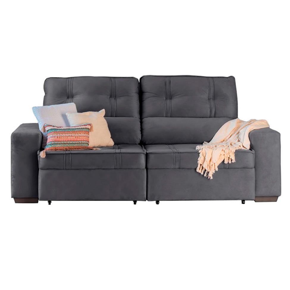 Sofá 3 Lugares Retrátil e Reclinável com Baú Lottus Suede Grafite em Oferta na Shopee