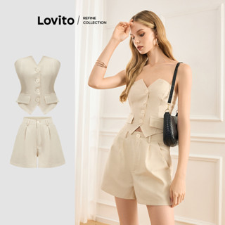 (Lovito Refine) Tops ou calças femininas casuais com botões lisos L119AD118 em Oferta na Shopee