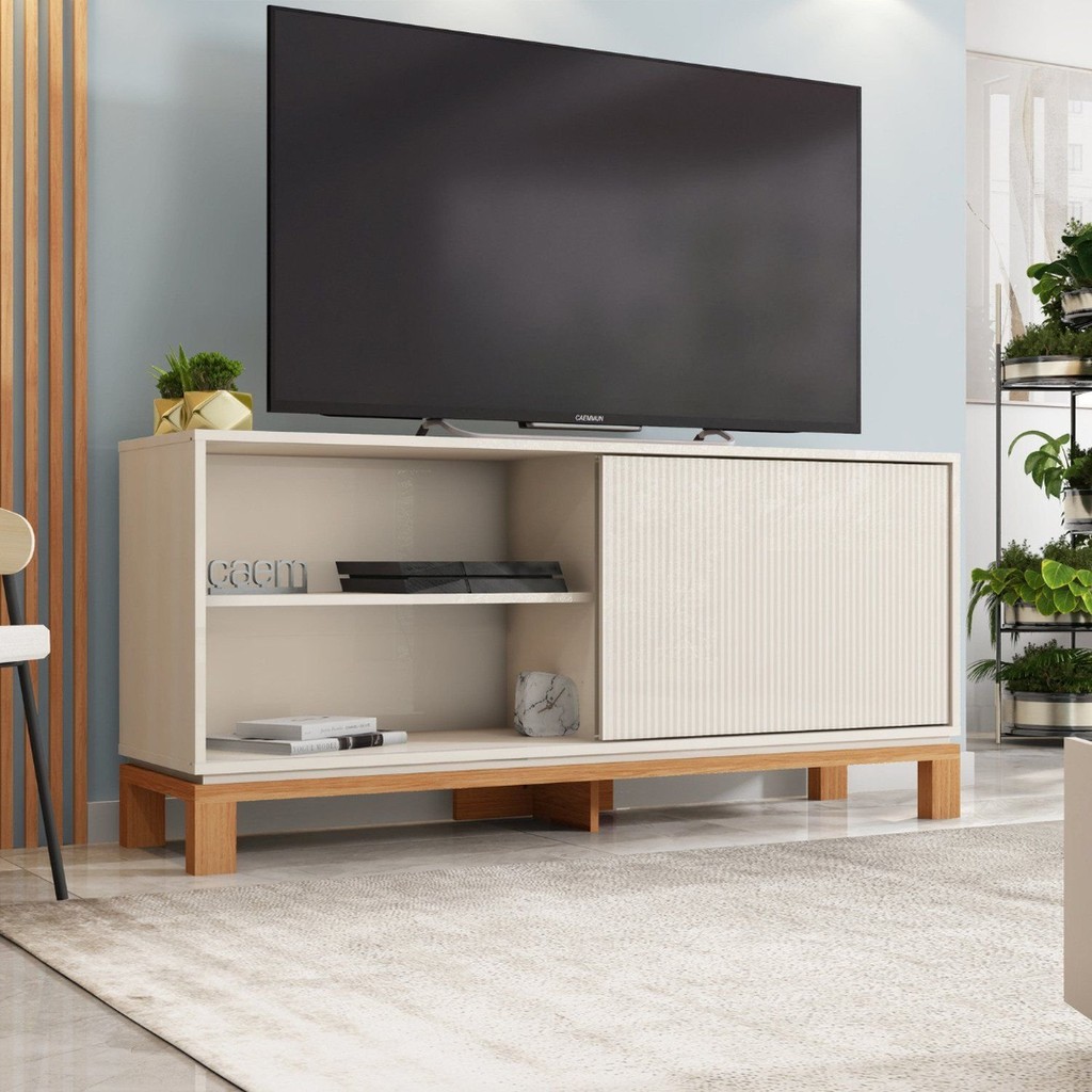 Rack para Tv até 55 Polegadas Porta com Textura Microrripada Pés Cavalete Mondrian 1.36 Off White/Freijó em Oferta na Shopee