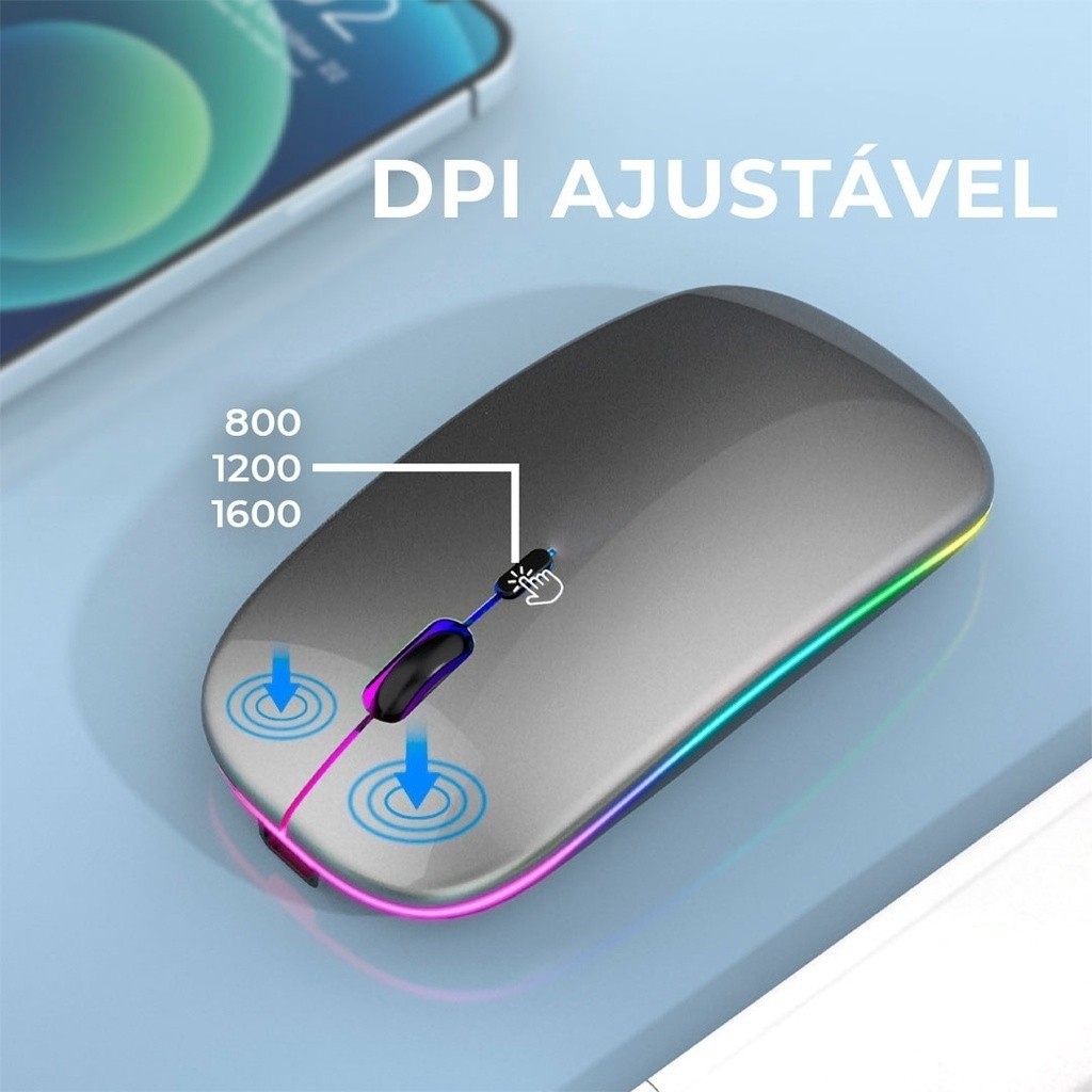 Mouse Sem Fio Recarregável Led RGB Clique Silencioso 2.4 Ghz Ergonômico Gamer