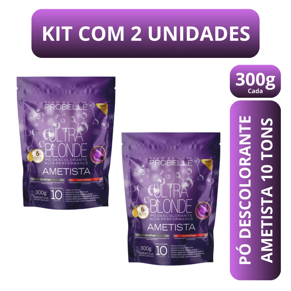 Pó Descolorante Ametista Dust Free - 300g PROBELLE Kit com 2 Unidades - Nevou Platinado Branco Neve
