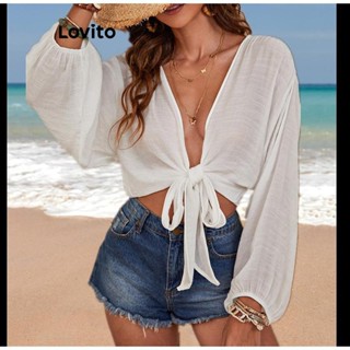 Lovito Boho Plain Lace Up Cover Ups Para Mulheres LNL43092