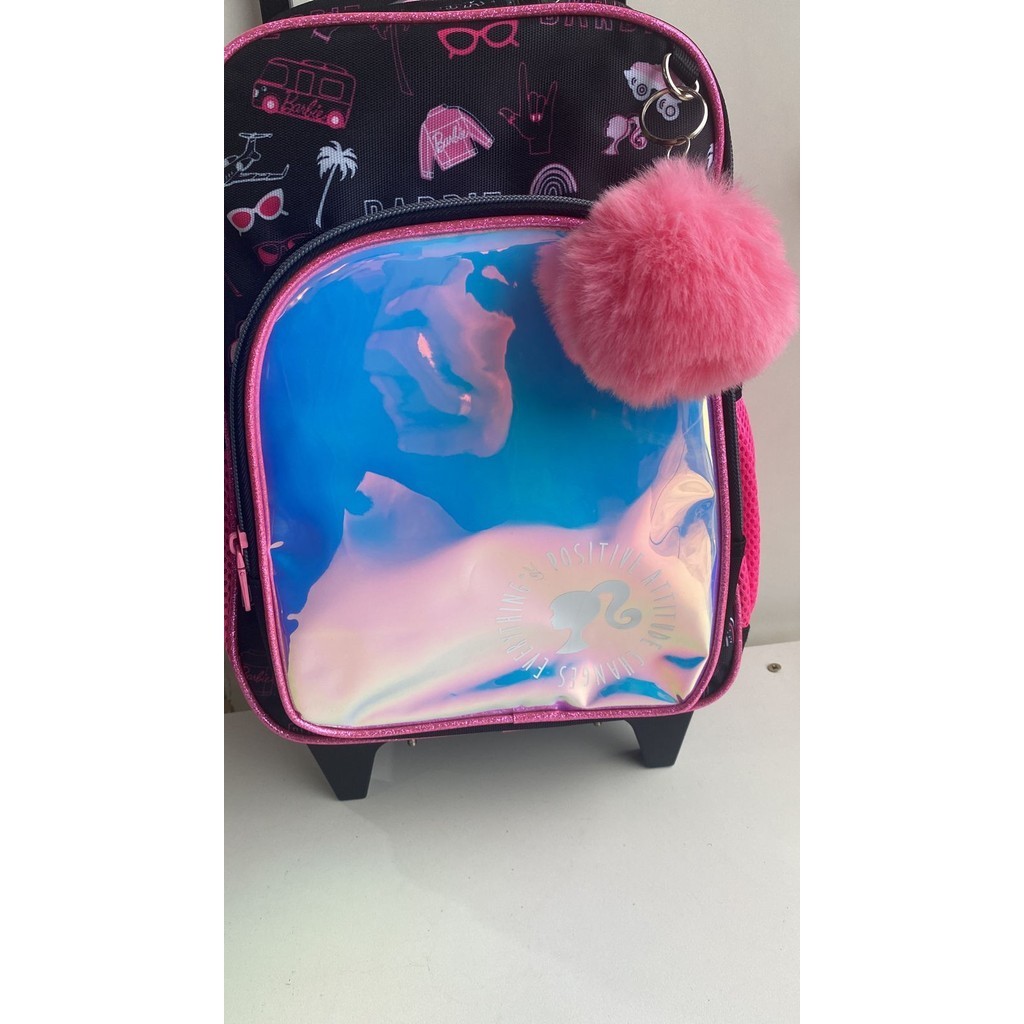 MOCHILA BARBIE RODINHA PEQUENA BARBIE CUTE POMPOM ROSA E PRETA