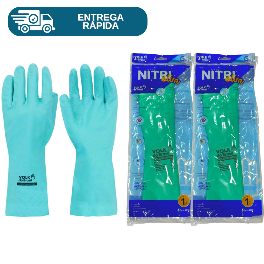Kit 2 Prs Luva NitrIlica Verde Com Forro Produtos Químicos Limpeza Louça Epi Forrada Quimico Proteção Com CA