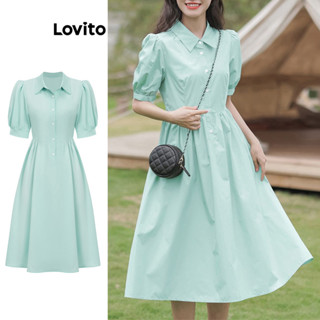 Lovito Vestido Casual Simples Drapeado Com Botões Para Mulheres L76AD195