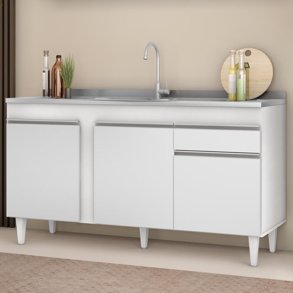 Balcão Gabinete com Pia Inox 150cm 3 Portas 1 Gaveta Dakota Branco - Lumil - Home & Living