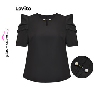 Lovito Plus Size Curva Elegante Simples Split Front Pearls – Blusa De Manga Bufante Para Mulheres LBL08460