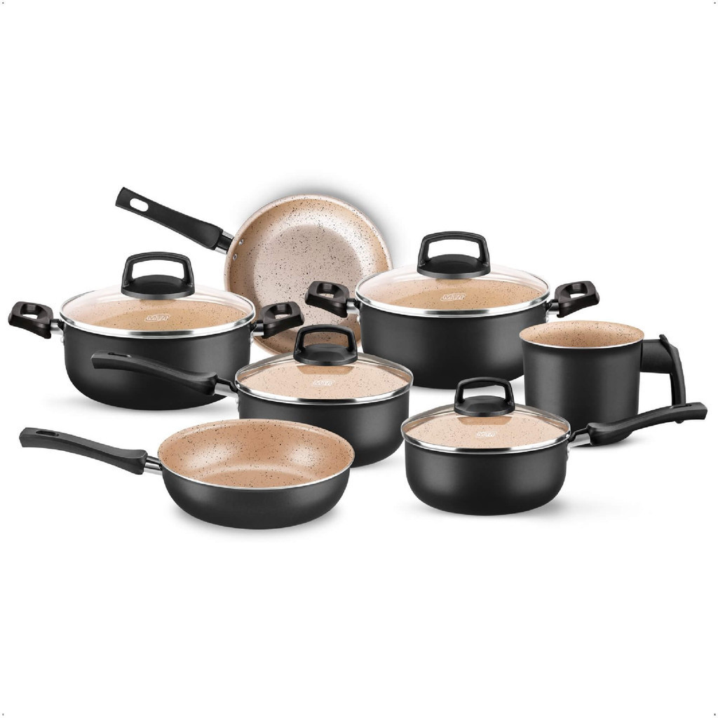 Conjunto Safira 7 Peças de Alumínio Antiaderente Preto/Bege MTA - 8494 em Oferta na Shopee
