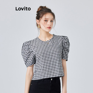 Lovito Elegante Blusa Feminina Xadrez Plissada L74ED110