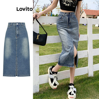 Lovito Casual Saia Jeans com Fenda Frontal para Mulheres L74ED018