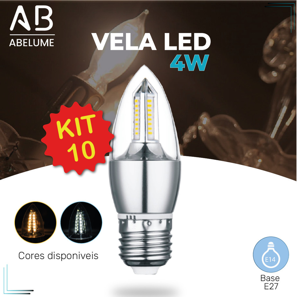 Kit 10 Lâmpada Vela LED para Lustre 4W E27 Pendente Modelo Moderno Branco Frio ou Branco Quente 110V-220V | Bivolt em Oferta na Shopee