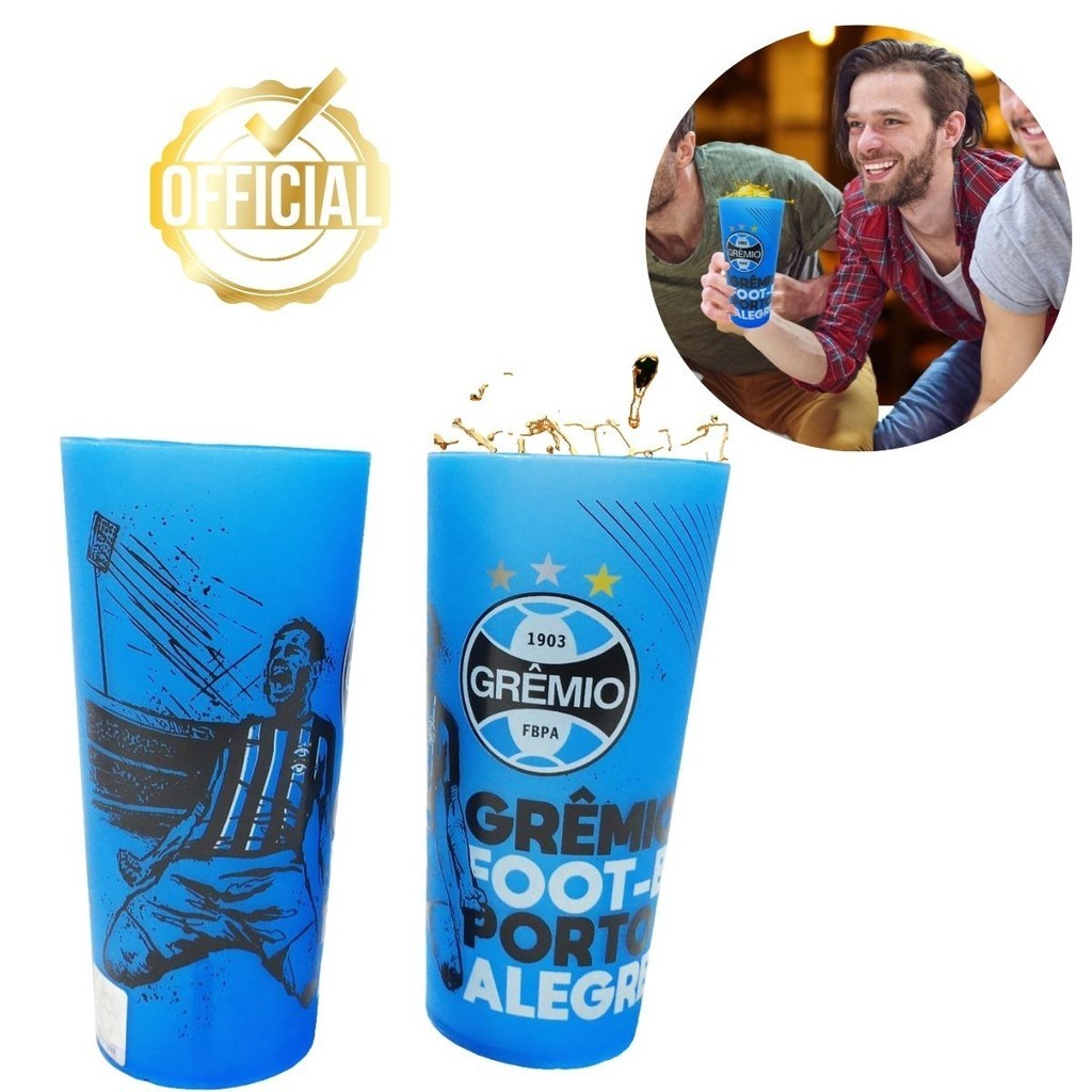 Kit 2 Copos Plástico Grande Festa Azul 500ml Bebida Grêmio Tricolor Selo Licenciado Presente