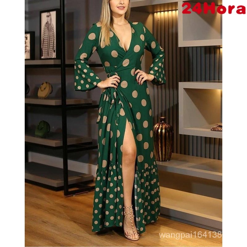 Vestido longo casual feminino de manga comprida com decote em V estampado com cadarço