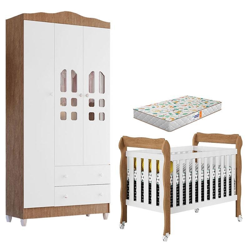 Berço Americano Lila e Guarda Roupa Infantil New Selena 3 Portas Branco Acetinado com Colchão Gazin – Carolina Móveis