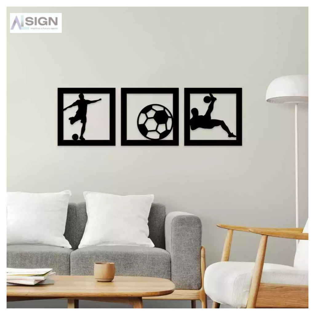 Kit 3 Quadros Futebol Bola Jogador em MDF Preto Sala Quarto em Oferta na Shopee