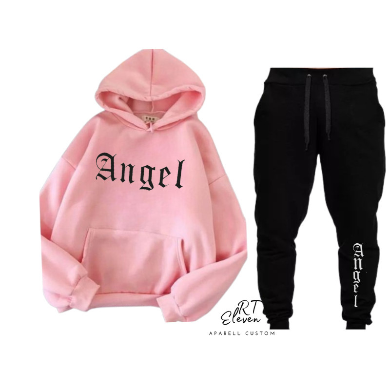 Conjunto Moletom Feminino Angel Blusa De Frio Canguru + calça Moletom Estampado Angel Anjos Tumbrl Com Bolso e Capuz