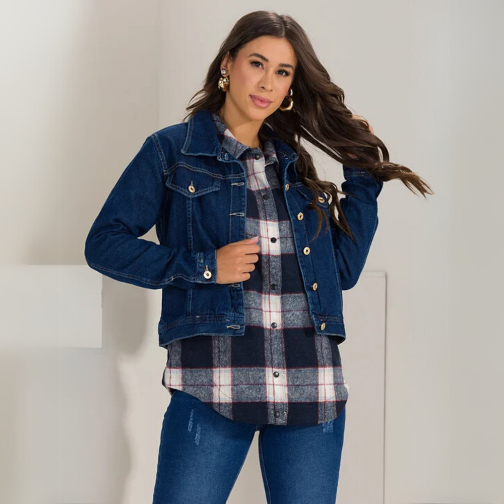 Jaqueta Feminina Jeans Manga Longa Tradicional Confort Básica Escura Botões Lisa Sem Rasgos