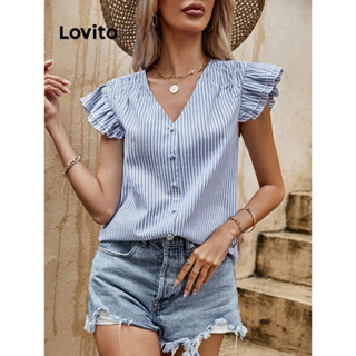 Lovito Casual Blusa Feminina Listrada com Babado e Botão Frontal LNL34072 (Branca/Azul)