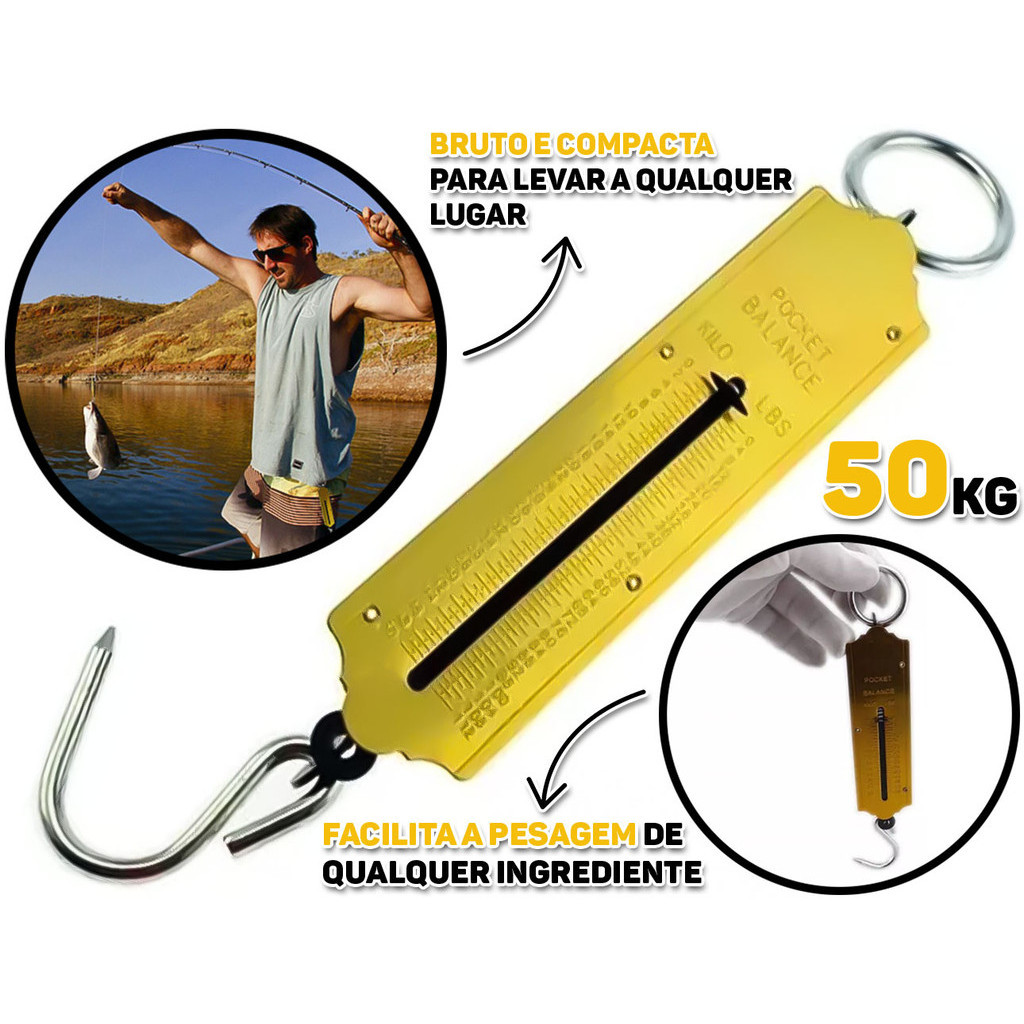 Balança Peixeira Com Gancho Portátil De Mão Bolsa Mala Alumínio E Ferro Até 50kg em Oferta na Shopee