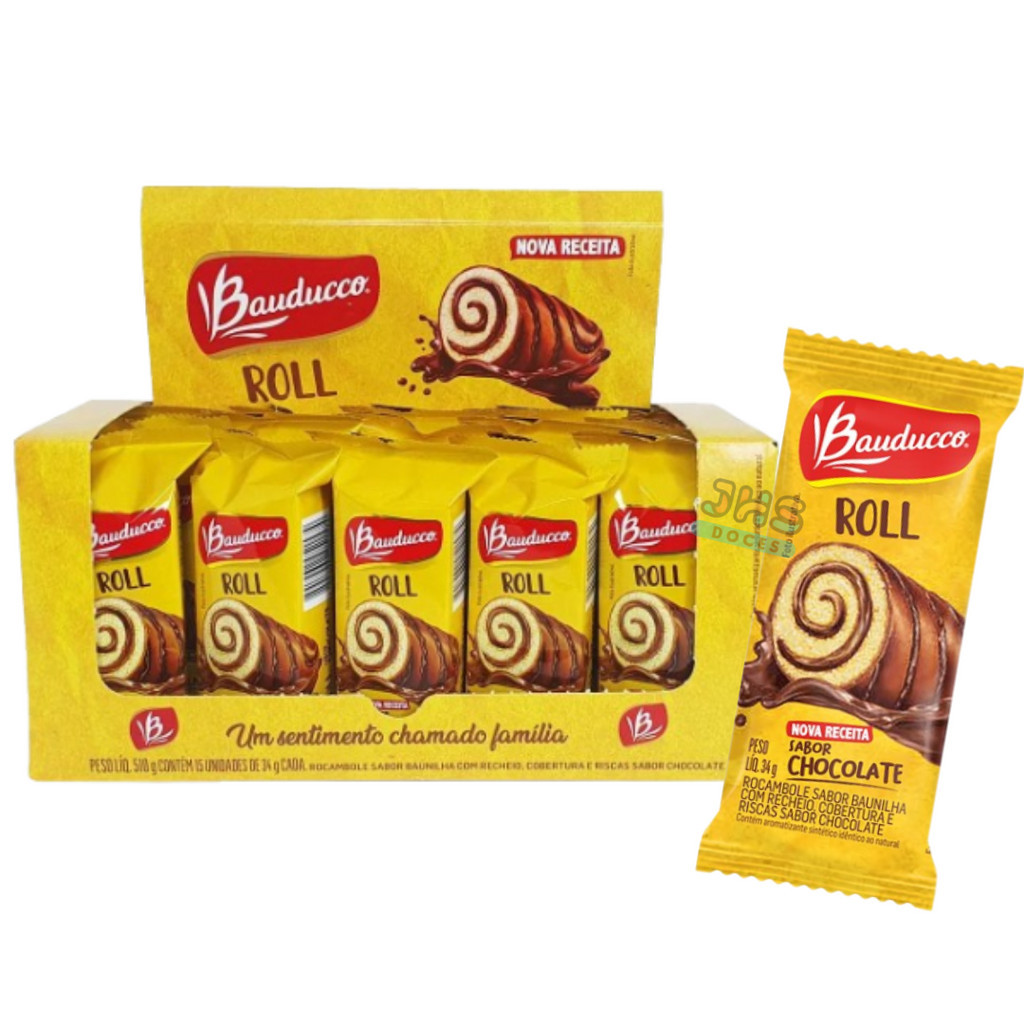 Bolo Bolinho Bauducco Roll Baunilha Chocolate Caixa 15un 34g