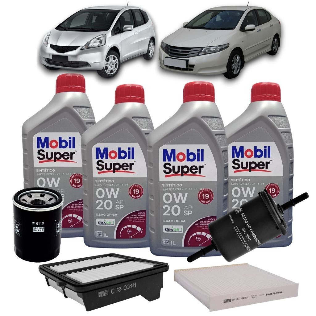 Kit Revisão 4 Litros de Óleo Mobil 0W20 API SP ILSAC GF-6 Sintético + Kit de Filtros Mann Filter Honda City | Fit 1.4/1.5 16V Flex 2009 até 2014 em Oferta na Shopee