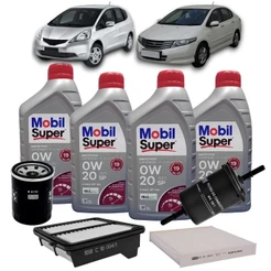 Kit Revisão 4 Litros de Óleo Mobil 0W20 API SP ILSAC GF-6 Sintético + Kit de Filtros Mann Filter Honda City | Fit 1.4/1.5 16V Flex 2009 até 2014
