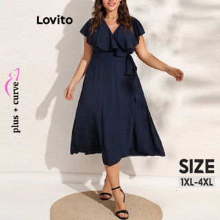 Lovito Vestido Plus Size Curvo Elegante Liso Com Babados Com Renda Para Mulheres LNL46064