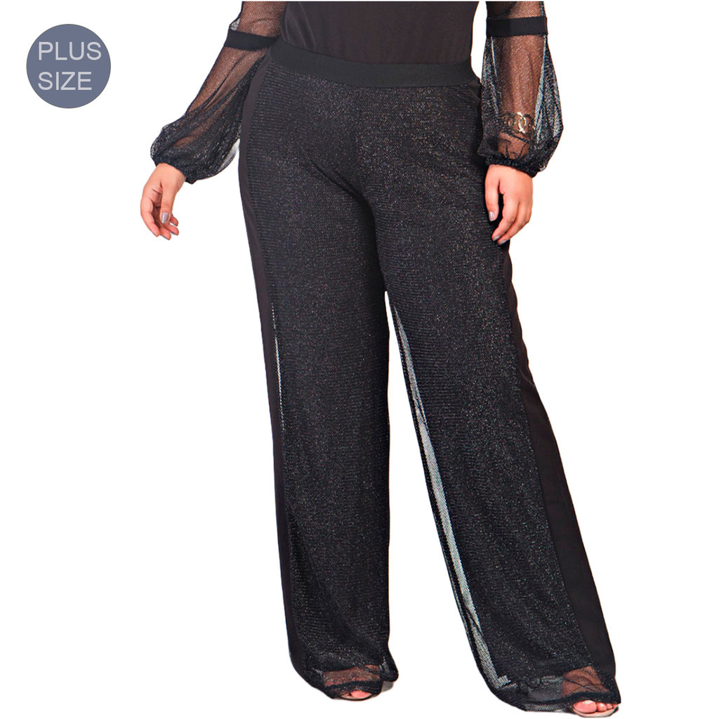 Calça Pantalona Preta Plus Size Social Festa Sexy faminina tela lurex forrada Ellegance tamanhos grandes do 46 ao 52