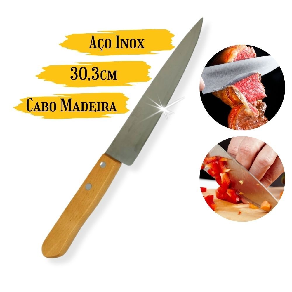 Faca de Cozinha Aço Inox Profissional Cabo em Madeira 30,3cm 7"