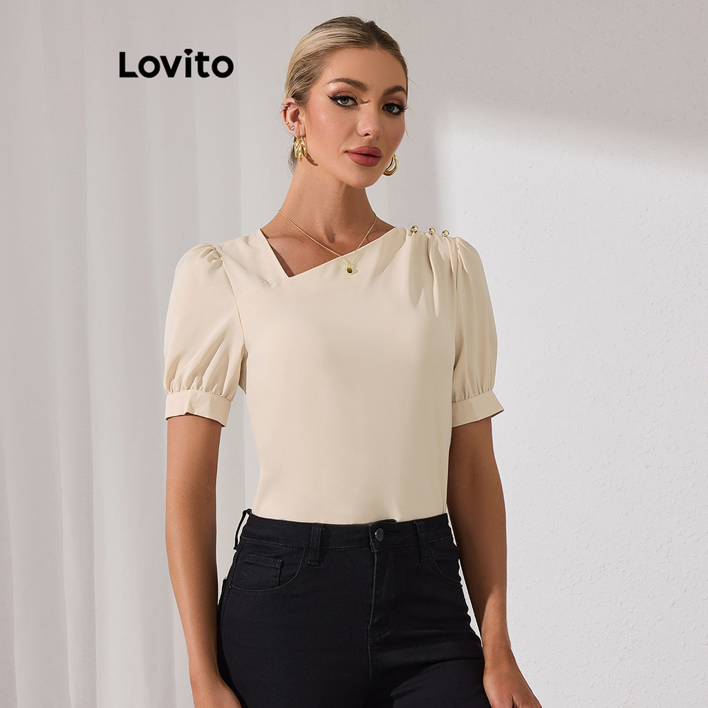 Lovito Blusa elegante lisa plissada com botões para mulheres  LBL19889 - Women Clothes