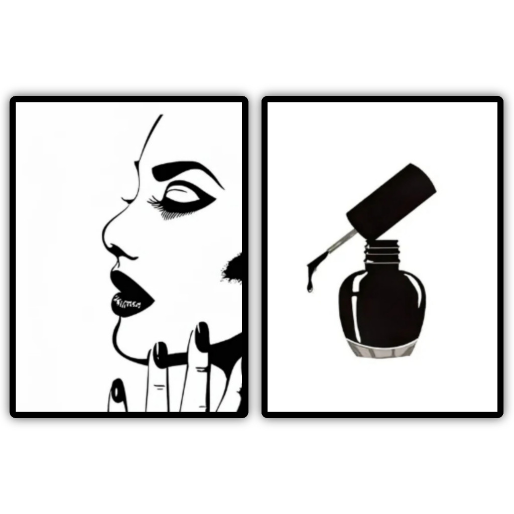 Quadro Decorativo 2 Peças Salão Beleza Unhas Esmalte Manicure Preto e Branco Minimalista Manicure