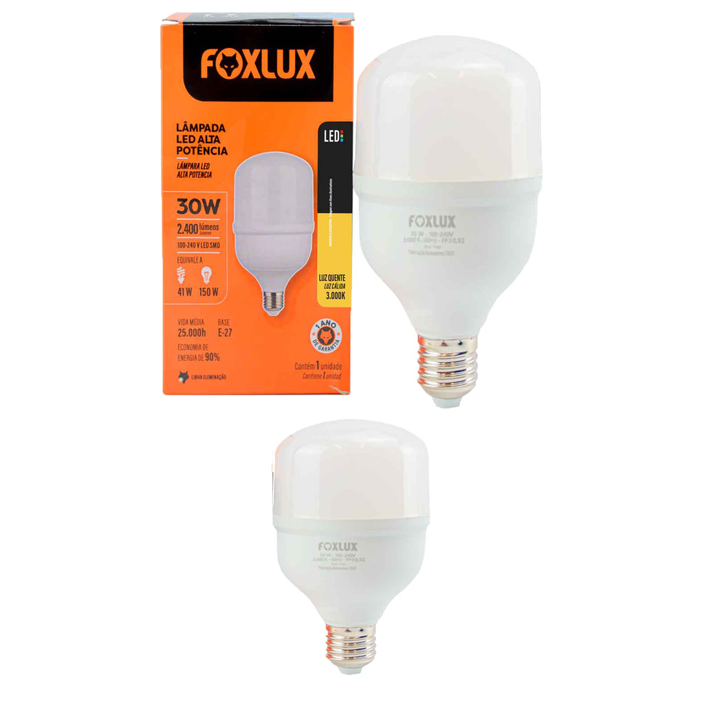 Lâmpada LED Alta Potência Foxlux 30W 3000K Branco Quente Bivolt 2400lm E27 Luz de Conforto Kit com 2