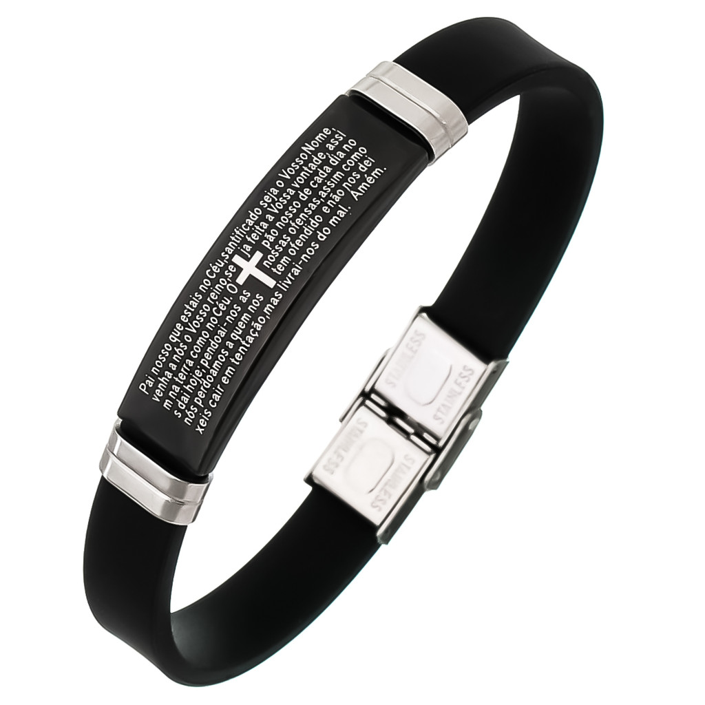 Pulseira Silicone Oração Pai Nosso Placa Aço Inox Preto em Oferta na Shopee