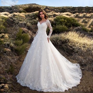 Vestido De Noiva De Manga Longa Perspectiva De Cor Sólida Civil Branco