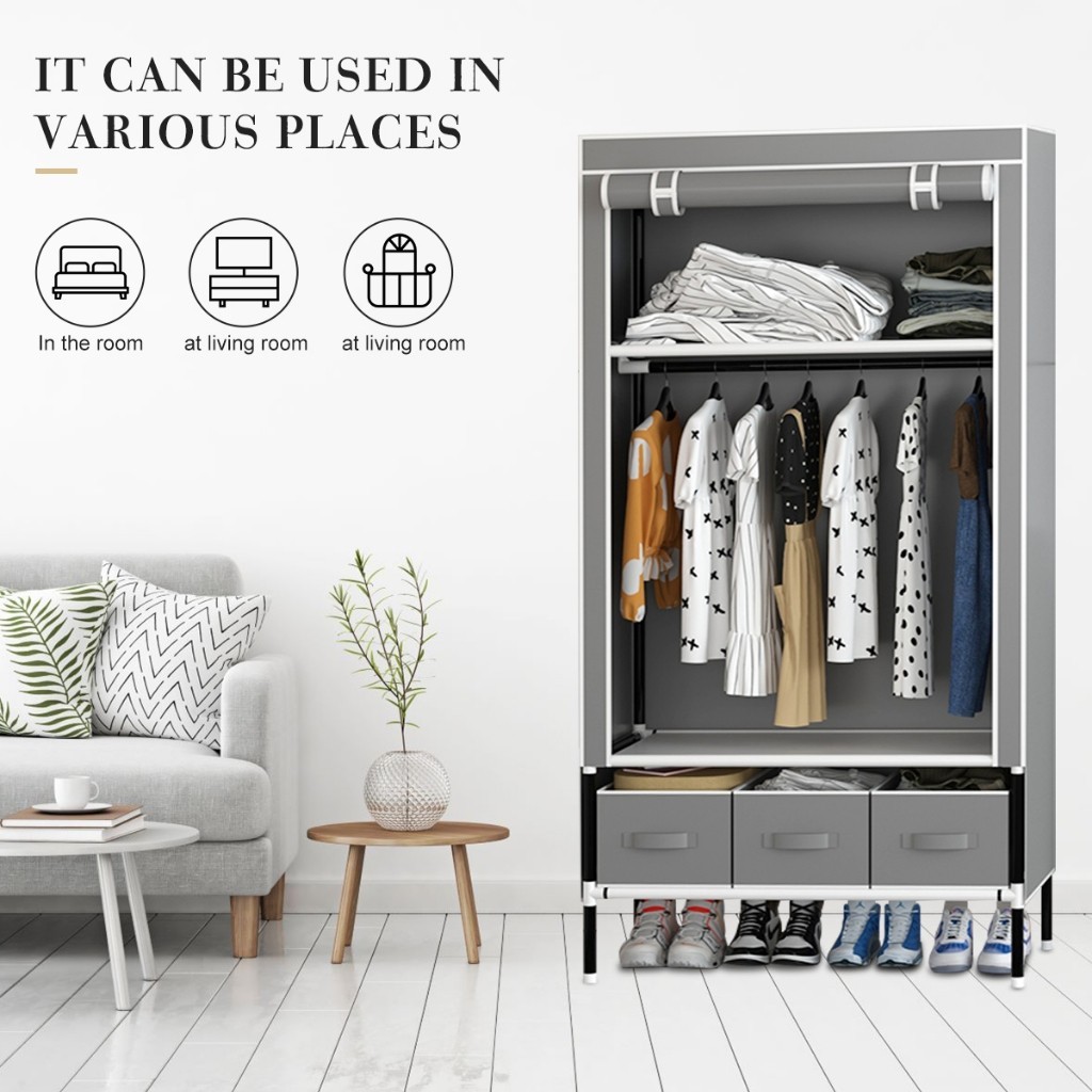 Guarda Roupa Dobrável Organizador De Roupas Armazenamento de Roupas Com 3 Gavetas Guarda Roupa Portatil Cor:Cinza