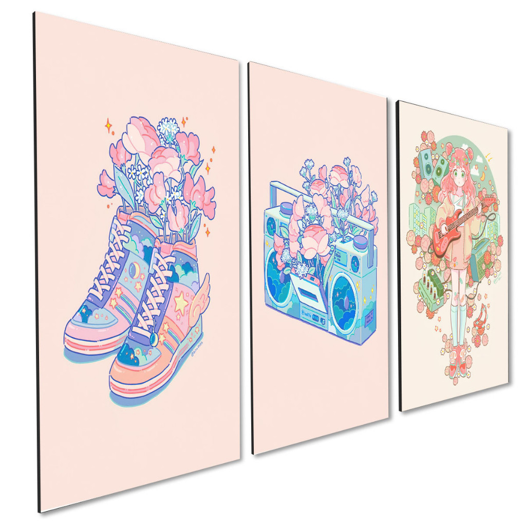Kit 3 Quadros Decorativos Abstrato Tênis Radio Musica Floral DECORAÇÃO