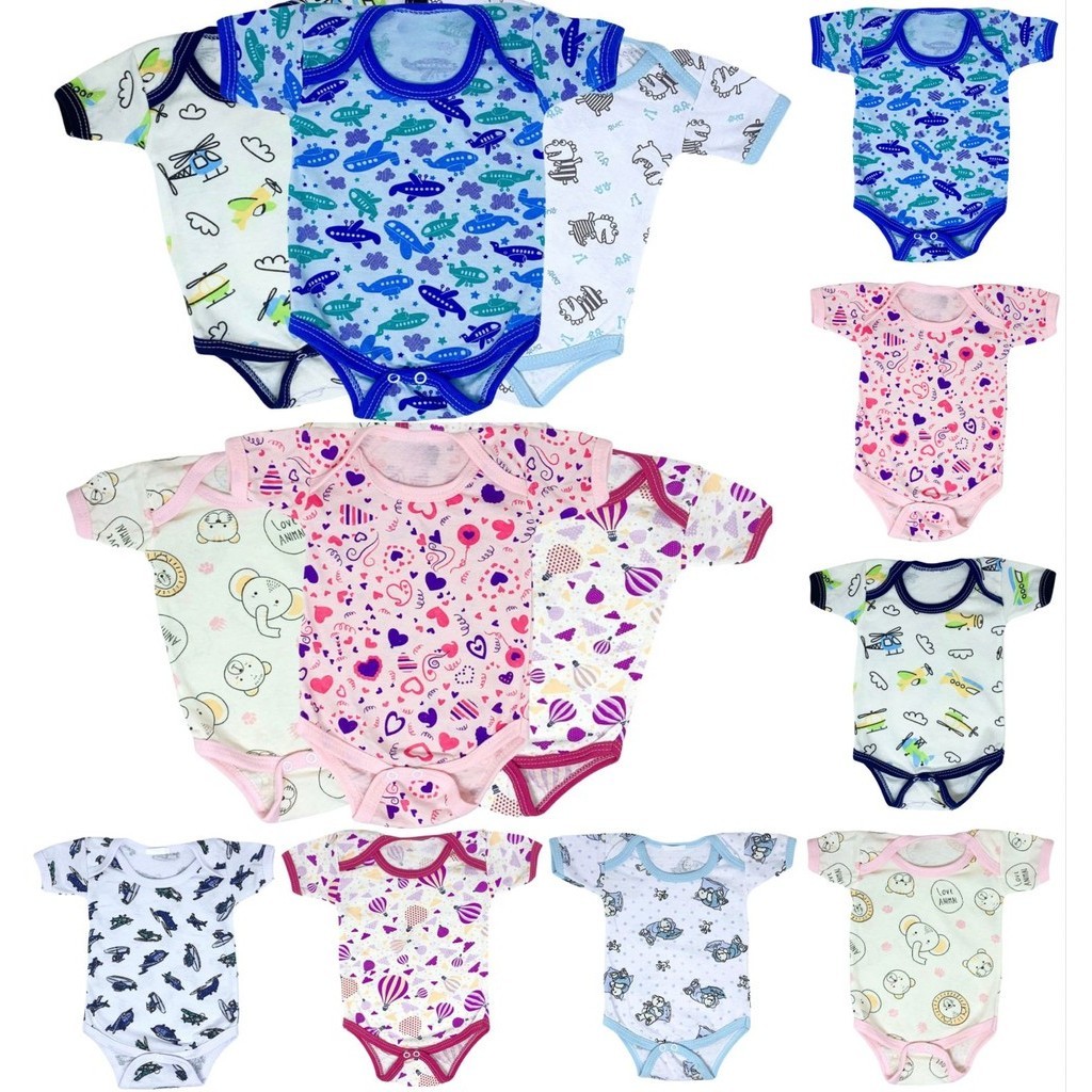KIT COM 06 BODY BEBÊ MALHA MANGA CURTA ESTAMPADO 100% ALGODÃO (RN/P/M/G) PREMIUM (MENINO/MENINA)