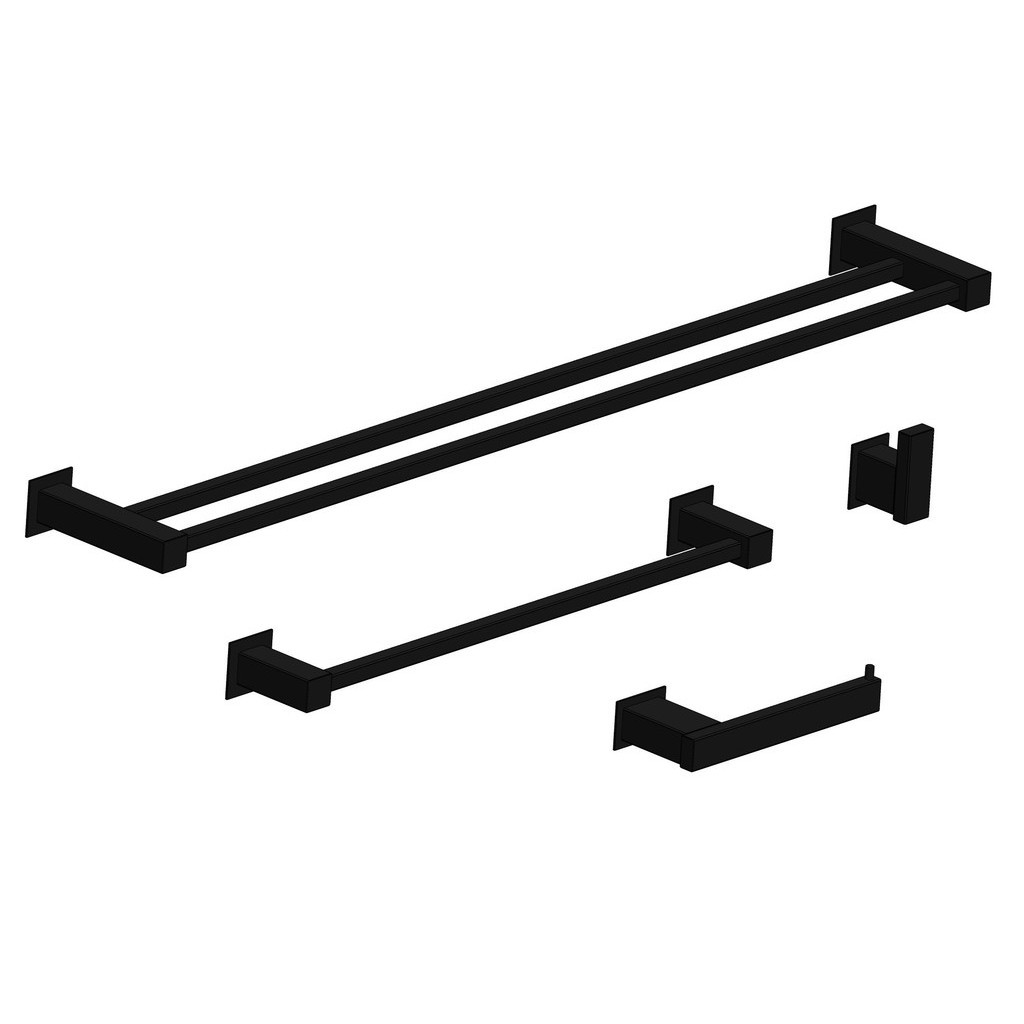 Kit Acessórios Para Banheiro Inox Preto Fosco 4 Peças Standard, Toalheiro de Banho, Toalheiro de Mãos, Papeleira e Gancho Cabideiro