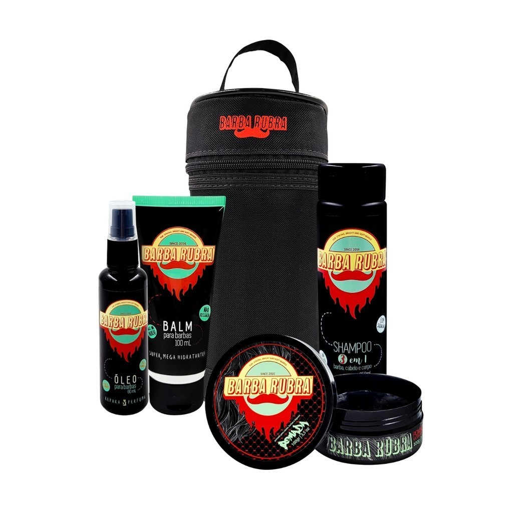 Kit de Barba com Necessaire com Alça Shampoo 3 em 1 Balm e Óleo de Barba - Barba Rubra